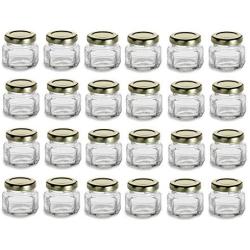 Nakpunar 1.5 oz Mini Oval Hexagon Glass Jars with Gold Plastisol Lined Lids - Set of 24 - Value Pack