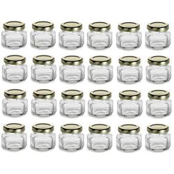 Nakpunar 1.5 oz Mini Oval Hexagon Glass Jars with Gold Plastisol Lined Lids - Set of 24 - Value Pack