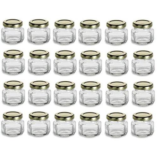 Nakpunar 1.5 oz Mini Oval Hexagon Glass Jars with Gold Plastisol Lined Lids - Set of 24 - Value Pack