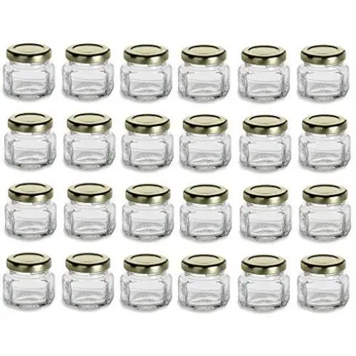 Bouteilles en verre ovales hexagonales de 1,5 oz (Nakpunar) avec couvercles en plastisol doré - Jeu de 24 - Offre spéciale Bouteilles en verre ovales hexagonales de 1,5 oz (Nakpunar) avec couvercles en plastisol doré - Jeu de 24 - Offre spéciale