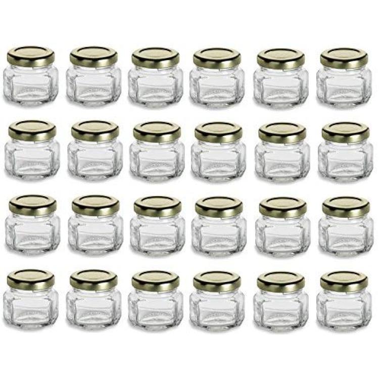 6 oz Oval Hexagon glass canning jars with black plastisol lids