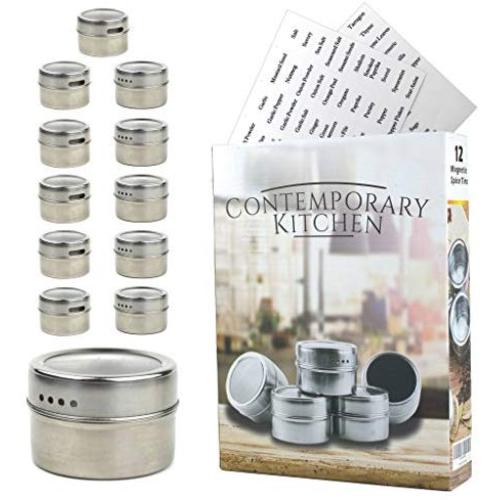 Magnetic Spice Tins | Set of 12 With 100 Labels Included | Round Stainless Steel Spice Storage Containers For Refrigerator | Pour & Sift