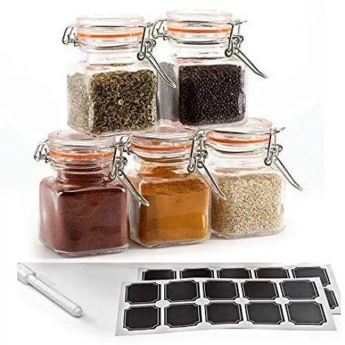 24er Pack - Kleine, quadratische Glas-Gewürzgläser (3,4 oz) mit Orangen-Flip-Top-Dichtung, luftdichte, klare Aufbewahrungsgläser mit wiederverwendbaren Etiketten und Stift durch Premium Vials