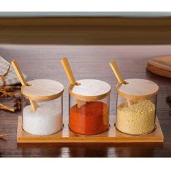 Taimot Glass Condiment bottles with wooden spoon, Kitchen Glass Seasoning Box Set - 3 condiment dispenser cans+ 3 Spoons + Bamboo Tray Base, 10 oz, spice jars, sugar cans, tea storage