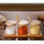 Taimot Glas Geschmacksstoffeimer mit Holzschnapsel, Küchen Glas Gewürz Box Set – 3 Geschmacksstoffeimer + 3 Löffel + Bambus-Basis Ablage, 10 oz, Gewürzbehälter, Zuckerbehälter, Teebehälter