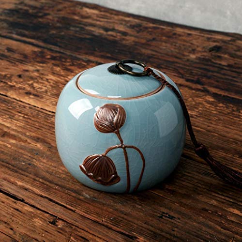 Vintage Ceramic Tea Tin Jar Handmade Glaze Tea Storage Food Tea Canister with Airtight Lid (Light blue)