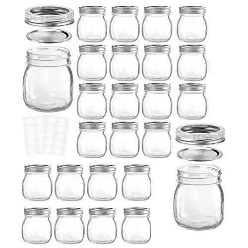 24 Pack Mason Gläser 280ml mit Schraubverschlüssen und Bändern, Ideal für Marmelade, Honig, Hochzeitsgeschenke, Anfängergeschenke, Babynahrung, DIY Magnet Gewürzgläser, 24 Whiteboard Etiketten enthalten