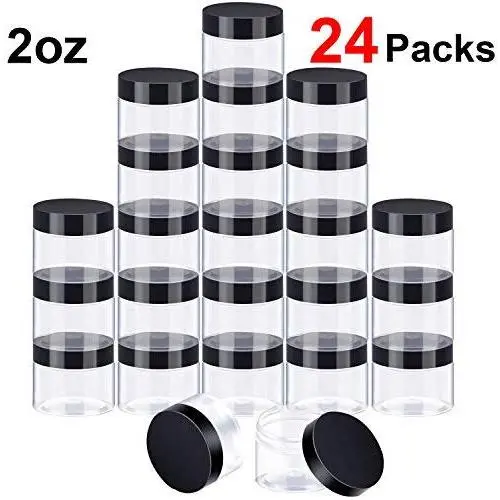24er Pack Klare Kunststoffrunde Aufbewahrungsgläser – Groβmund Kunststoffbehälter Gläser mit Deckeln für Flüssigkeiten und Feststoffe (2 OZ)