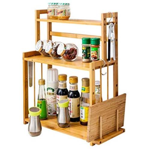 3-Tier Standing Spice Rack,Wood Spice Rack Bottle Jars Holder,Kitchen Countertop Storage Organizer,Multifunction Kitchen Rack Kitchen Pantry Stand Shelf Cosmetic Storage Display Shelf