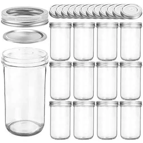 KAMOTA Weidenmund Gläser 22 oz mit Standardverschlüssen und Bändern, ideal für Marmelade, Honig, Hochzeitsschmuck, Babyparty-Schmuck, Babynahrung, DIY Magnet Gewürzgläser, 12er Pack, 12 Silber Pipettenhüllen enthalten
