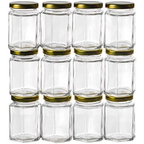 Bouteilles en verre hexagonales premium 3oz (12), pour cadeaux, favors de mariage, miel, confitures et plus encore. Bouteilles en verre hexagonales premium 3oz (12), pour cadeaux, favors de mariage, miel, confitures et plus encore.