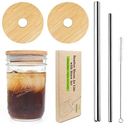 Mason Jar Lids with Straw, ECO Reusable Bamboo Lids, Wide Mouth Mason Jar Tumbler Lids, Mason Jar Tops with 2 Reusable Stainless Steel Straw - 2 Packs Mason Jar Lids with Straw, ECO Reusable Bamboo Lids, Wide Mouth Mason Jar Tumbler Lids, Mason Jar Tops with 2 Reusable Stainless Steel Straw - 2 Packs
