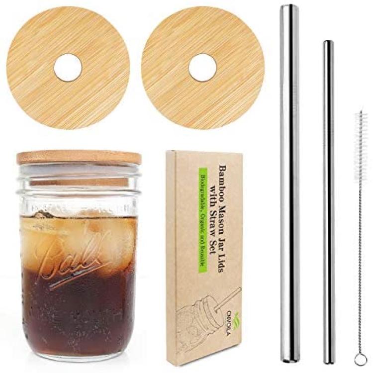 Home 2pcs Wide Mouth Jar Lids w Straw Hole for Mason Bottle Jar