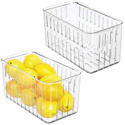 mDesign Plastic Kitchen Refrigerator Produce Storage Organizer Bin with Open Vents for Air Circulation - Food Container for Fruit, Vegetables, Lettuce, Cheese, Fresh Herbs, Snacks - M, 2 Pack - Clear