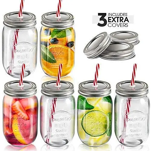 Ensemble de 6 bocaux Mason de 473 ml avec couvercles et pailles, 3 couvercles non poreux. Bouteilles en verre résistantes au lave-vaisselle. Masthome.