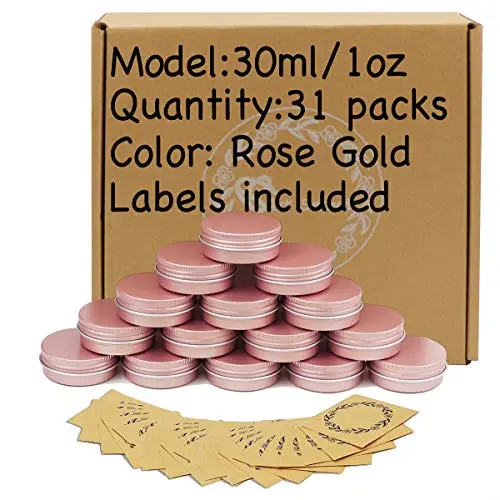 31pcs 1oz/30ml Rose Gold Aluminum Tin Jar with Screw Lid and Blank Labels 31pcs 1oz/30ml Rose Gold Aluminum Tin Jar with Screw Lid and Blank Labels
