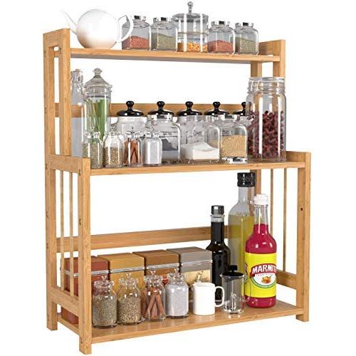Bamboo Spice Rack Bottle Jars Holder Countertop Storage Organizer 3-Tier Adjustable Slim Shelf for Kitchen Bathroom Bedroom