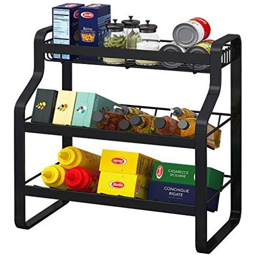 JIAXRACK Gewürzgarderobe, 3stufige Metall-Küchenregal, Stehendes Eckregal, Küchenarbeitsplatten-Gewürzorganizer, Gläser & Flaschenhalter, Utensilienhalter (Farbe: Schwarz, Größe: 3 Schichten)
