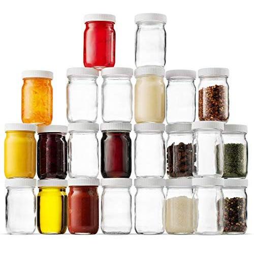 Small Glass Mason Jars 4 Ounce Mini Jars 24-Pack, Plastic Airtight Lid, For Jam, Jelly, Dressings, baby food, Crafts, Spices, Dry Food Storage, Wedding favors, Decorating Jar