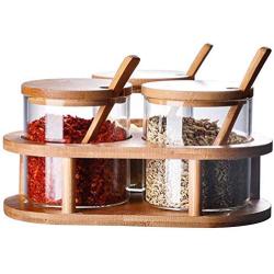 TNKML Glass Seasoning Jar Condiment Seasoning Jar Glass Seasoning Container, Spoon With Wooden Lid Storage Jar, Used For Kitchen Tea Coffee Sugar Salt