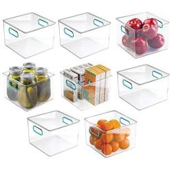 mDesign Plastic Food Storage Container Bin with Handles for Kitchen, Pantry, Cabinet, Fridge/Freezer - Cube Organizer for Snacks, Produce, Vegetables, Pasta - BPA Free, Food Safe - 8 Pack, Clear/Blue