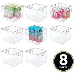 mDesign Plastic Food Storage Container Bin with Handles - for Kitchen, Pantry, Cabinet, Fridge/Freezer - Large Organizer for Snacks, Produce, Vegetables, Pasta - BPA Free, 10" Square, 8 Pack - Clear