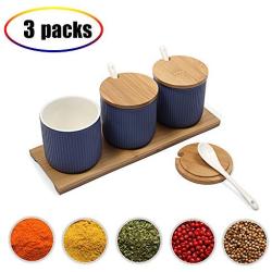 Ceramic Food Storage Spice Containers with Bamboo Lid- Porcelain Jar- Perfect Canister for Sugar Bowl, Serving Tea, Coffee, Spice,Nuts jar, Holding Dressings, Dipping, Salad Bar Serving- Condiment