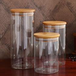 Glass Jars With Bamboo Cover Mini Coffee Sugar Tea Canister Cereal Dispenser Bottle Glass Jars Sealed Storage Tank,25X10Cm 1800Mlx2