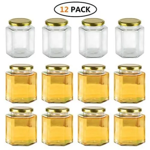Bouteilles Hexagonales Claires de 473 ml Encheng, Bouteilles en Verre avec Couvercles (Or), Bouteilles Mason pour Herbes, Aliments, Confitures, Liquides, Petites Bouteilles d'Épices pour Stockage (12 Pack), Emballées avec une étui polyform par unité. Bouteilles Hexagonales Claires de 473 ml Encheng, Bouteilles en Verre avec Couvercles (Or), Bouteilles Mason pour Herbes, Aliments, Confitures, Liquides, Petites Bouteilles d'Épices pour Stockage (12 Pack), Emballées avec une étui polyform par unité.