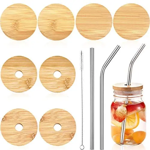 4 Pieces Regular Mouth Jar Lids, 4 Pieces Regular Mouth Jar Lids with Straw Hole, 2 Piece Reusable Stainless Steel Straw, Cleaning Brush and Velvet Bag Compatible with Regular Mouth Mason Jar