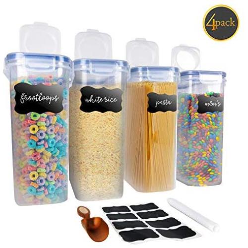 4er Cereal-Behälter – Große 100% BPA-freie & Lebensmittelechte Silikon-Dichtung für Cereal, Snacks, Reis & Nudeln mit 8 Freilabe, Erasingermarker & Messlöffel