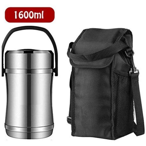 Jjwwhh Insulated Food Container for Hot Food Stainless Steel Vacuum Insulated Food Flask Leak-Proof Container Jar 2 Tiers Carriers Storage Portable Reusable 12 Hours Hot 8 Hours Cold,Withbag,1.6L