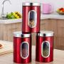 JENNIMER 3PC Kitchen Canister Sugar Food Tea Coffee Candy Storage Jars Stainless Steel with Transparent Windows (Red)
