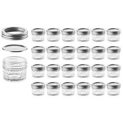 Mason Jars with Glass Lids 4 oz - Nellam Small Canning Jelly Jar Wide Mouth in Quilted Crystal for Airtight Kitchen Storage, Baby Food, Party Favors - Freezer & Microwave Safe - Set of 24, Silver