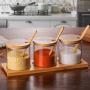 Taimot Glass Condiment bottles with wooden spoon, Kitchen Glass Seasoning Box Set - 3 condiment dispenser cans+ 3 Spoons + Bamboo Tray Base, 10 oz, spice jars, sugar cans, tea storage
