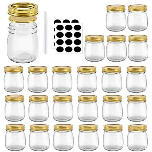 Betrome 10 OZ Mason Jar with Golden Regular Lid and Bands for Jam, Jelly, Honey, Beans, Spice, Wedding Favors, Shower Favors, Party Favors(24 Pack)
