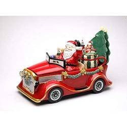 Fine Ceramic Christmas Santa Claus with Teddy Bear Driving Car Cookie Jar with 2 Covered Cups and 2 Christmas Tree Shaped Plates Serving Set, 17-1/2" L (Candies NOT Included)