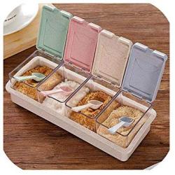 Seasoning Storage Box Wheat Straw with Spoon 4 compartment Spice Box Storage Container Condiment Jars for Spice Sugar Salt,as picture