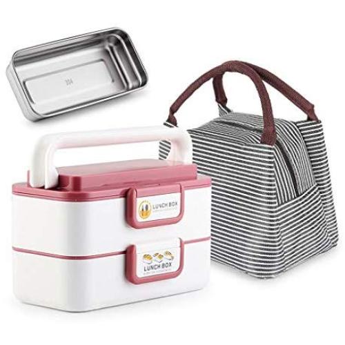 Thermos Food Jar Multi-storey Thermos 304 Stainless Food Flask Leakproof Insulated Food Containers Portable Bag Microwave Oven Can Be Used Square (Color : Red, Size : 800ml)