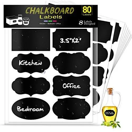 Qishi 3.5”x2”Chalkboard Labels 80pcs Reusable Pantry Stickers for Labeling Jars, Mason Jar, Glass Canisters, Parties, Craft Rooms, Weddings, Waterproof Labels for Organize Home, Kitchen + Office.