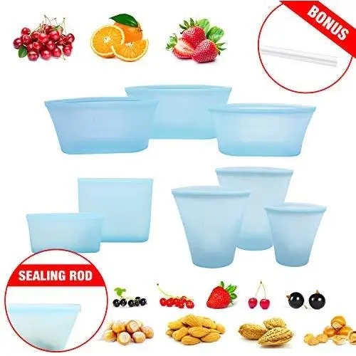 8er Set Wiederverwendbare Silikon-Lebensmittelbeutel, BPA-frei, Dichtheitsbeutel mit Muster für Obst/Snack/Gemüse, Mikrowellengeeignet, Geschirrspülergeeignet, (Blau)