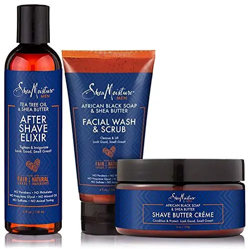 Shea Moisture Männer Shave Care Set, Teebaumöl & Sheabutter Aftershave Elixir | Afrikanisches Schwarzes Seife & Sheabutter Gesichtsreinigung & Peeling-Reinigungsmittel