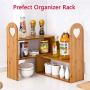 Solid Natural Bamboo Spice Rack Bottle Jars Holder, Countertop Corner Storage Organizer Free Standing with 3-Tier Adjustable Slim Display Shelf for Kitchen Bathroom Workstation