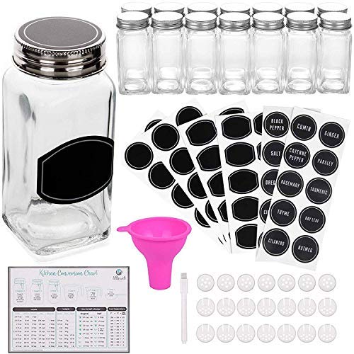 Spice Jars Bottles - 14 Square Glass Containers (4 oz) with 60 Chalkboard Labels, Chalk Marker, Stainless Steel Lid, Shaker Insert Tops and Wide Funnel - Complete Organizer Set