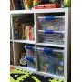 Homz Plastic Storage, Modular Stackable Storage Bins with Blue Latching Handles, 31 Quart, Clear, 4-Pack Homz Plastic Storage, Modular Stackable Storage Bins with Blue Latching Handles, 31 Quart, Clear, 4-Pack
