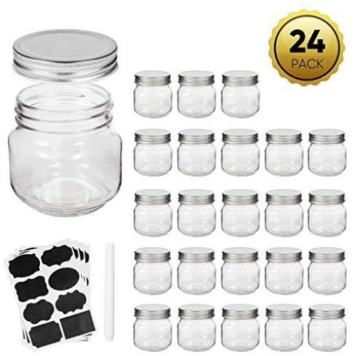 Mason Jars,Accguan glass jar 8OZ With Regular Lids and Bands（Silver),Ideal for Jam,Honey,Wedding Favors,Shower Favors,Baby Foods,24 PACK,