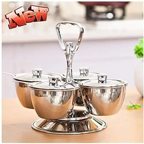 Ensemble de rangement pour épices DUDDP, étagère rotative pour épices, avec 4 pots en acier inoxydable, gain de place pour l'organisation des épices, (Argent), accessoires de cuisine. Ensemble de rangement pour épices DUDDP, étagère rotative pour épices, avec 4 pots en acier inoxydable, gain de place pour l'organisation des épices, (Argent), accessoires de cuisine.