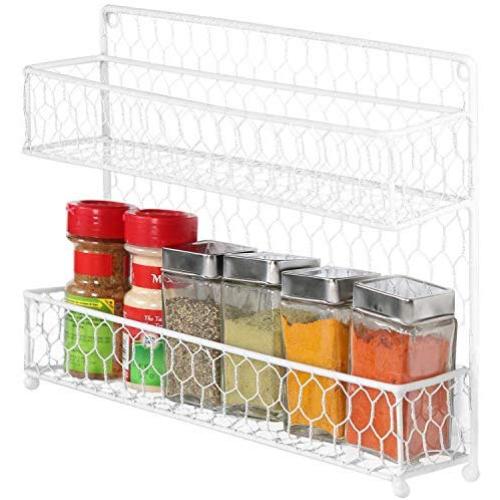 Country Style White Dual Tier Wire Kitchen Counter-top or Wall Mount Spice Rack Jars Storage Organizer