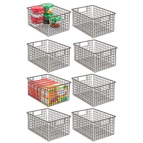 mDesign Farmhouse Decor Metal Wire Food Storage Organizer Bin Basket with Handles - for Kitchen Cabinets, Pantry, Bathroom, Laundry Room, Closets, Garage - 12 Inches Long - 8 Pack - Bronze