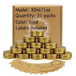 31pcs 1oz/30ml Gold Aluminum Tin Jar with Screw Lid and Blank Labels